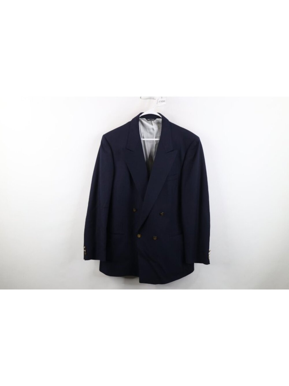 Vintage 80s 90s Mens 44R Wool Double Breasted Suit Coat Blazer Jacket Navy Blue